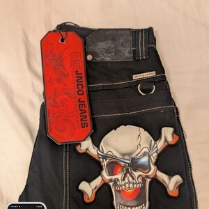 JNCO Black Jeans with Skull and Crossbones Design